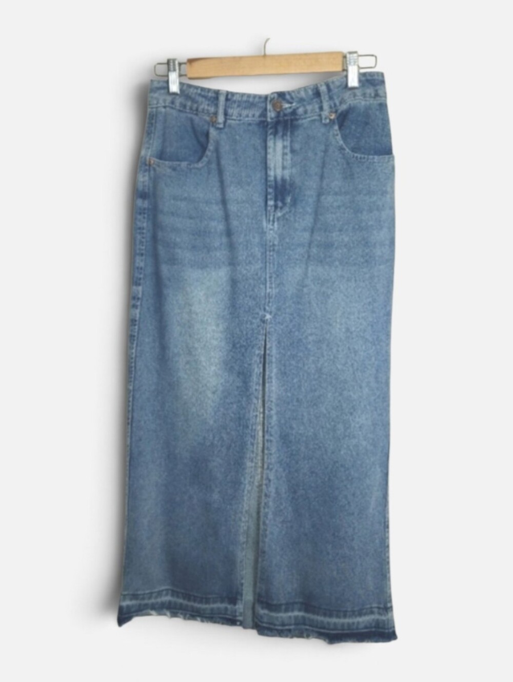 Happily Grey Blue Jean Denim Long Raw Hem Straight Front Slit Skirt Size 3/25